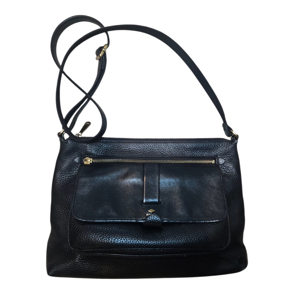 Fossil Black Henuine Pebbled Leather Crossbody Shoulder Bag Purse